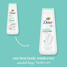 Two Dove Sensitive body wash bottles with teal caps, front view