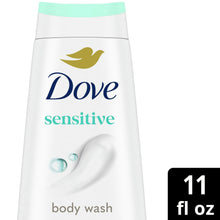 Dove Sensitive body wash bottle close-up with teal cap and water-drop mark