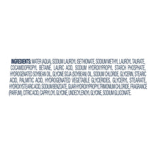 Body wash ingredient label with long ingredient list on white bottle