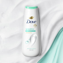 Dove sensitive body wash bottle with mint cap, front label and Dove logo visible