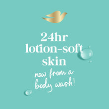Promotional graphic for Dove body wash with droplet icons and “24hr lotion-soft skin” text