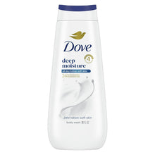 Body wash bottle with blue cap, white bottle, and Dove deep moisture label