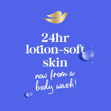 Dove body wash branding with blue droplet icons on a lotion-soft card