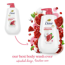 Dove body wash bottles with pink pumps and pomegranate splash graphics