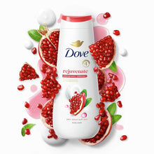 Dove rejuvenate body wash bottle with pump, white bottle and red cap, pomegranate graphics