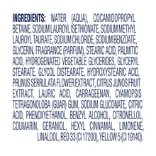 Ingredients label close-up with blue text on white bottle