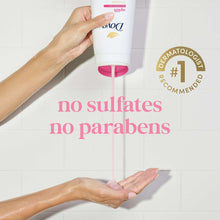 Dove body wash squeeze with hands and text 'no sulfates no parabens'