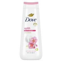 Dove uplift body wash bottle with pink cap and Sakura blossom flower graphic