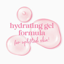 Hydrating gel formula graphic with pink droplets and text for uplifted skin