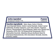Body wash ingredient panel: benzalkonium chloride 0.13% active, antibacterial purpose