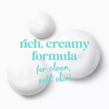 Body wash rich, creamy formula graphic with white cream blobs
