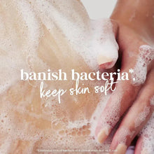 Body wash lather on hands graphic with 'banish bacteria, keep skin soft' text