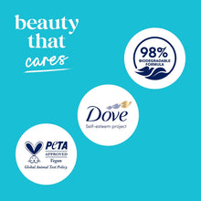 Dove body wash label with 98% biodegradable badge and Dove, PETA icons