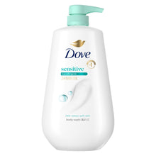Body wash bottle with mint pump, white bottle and Dove sensitive label