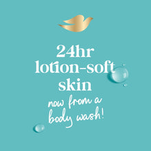 Lotion-soft skin body wash graphic with water droplets and dove bird logo