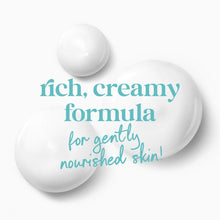 Creamy body wash formula graphic with white foam blobs and droplets