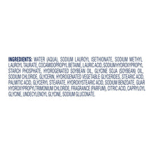 Body wash ingredient list panel with blue text on white label