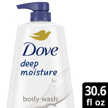 Dove deep moisture body wash with pump, close-up of front label and “30.6 fl oz”