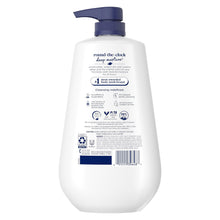 Dove deep moisture body wash with pump, back of white bottle with label details