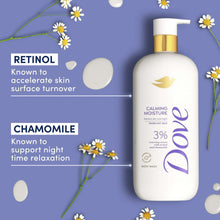Dove body wash bottle with gold pump and chamomile flowers on a graphic background