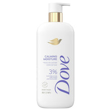 Dove body wash bottle with gold pump, white bottle and purple vertical branding