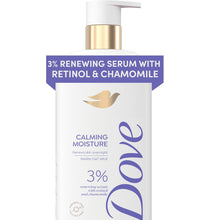 Dove calming moisture body wash bottle with gold pump and purple 3% retinol label