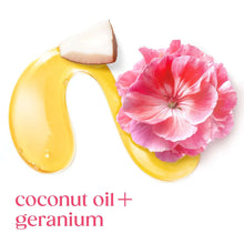 Coconut oil and geranium-themed product graphic with yellow oil drop shapes and pink flower