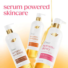 Three oil body wash bottles with white pumps and amber liquid, serum+dewy branding