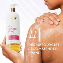 Oil body wash bottle beside hand applying to skin, serum+dewy styling on bottle