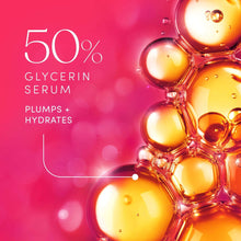 Hydrating serum graphic with 50% glycerin text and golden droplets with bubbles