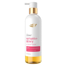Oil body wash bottle with gold pump and serum+dewy label, amber liquid base