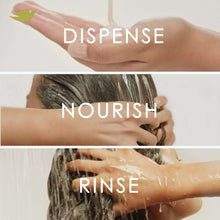 Hands dispensing and rinsing hair with conditioner