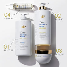 Dove intensive repair conditioner bottle with gold pump and numbered care steps