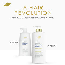 Dove intensive repair conditioner bottle with gold pump, before-and-after style layout
