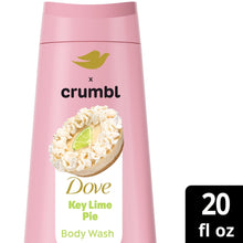 Pink body wash bottle showing Dove crumbl Key Lime Pie body wash label