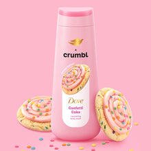Pink Dove crumbl body wash bottle with confetti cookies and sprinkles around it.