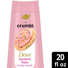 Pink body wash bottle with confetti cake donut graphic on the front label.