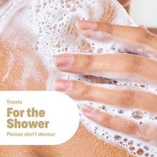 Dove x Crumbl Tres Leches body wash lather on hands with foam bubbles