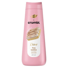 Dove x Crumbl Tres Leches body wash bottle, pink with cake slice graphic