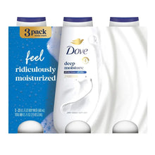 3-pack Dove deep moisture body wash bottles, blue and white, pump-style tops