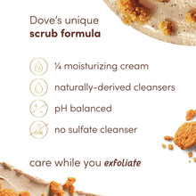 Dove body scrub jar with scrub formula callouts, brown sugar and coconut butter scent
