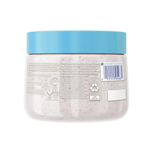 Dove body scrub jar with blue lid; back label with barcode and icons