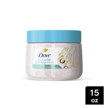 Dove body scrub jar with blue lid, off-white cream scrub; 15 oz shown