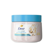 Dove body scrub jar with blue lid, creamy off-white exfoliating texture