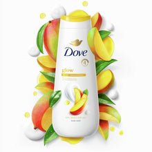 Dove glowing body wash bottle with yellow cap and mango-almond label