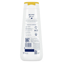 Dove body wash bottle back view with label and yellow cap