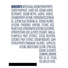 Body wash ingredients label close-up with ingredient list on white bottle.