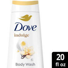 Dove Indulge body wash bottle front, warm vanilla + sweet cream, 20 fl oz