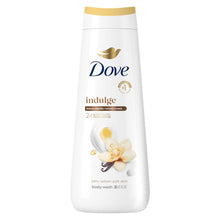 Dove Indulge body wash bottle with gold cap, warm vanilla + sweet cream, 20 fl oz
