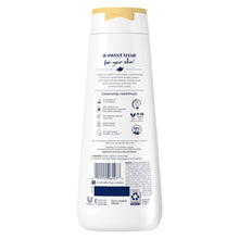 Body wash bottle with white label and gold cap, warm vanilla and sweet cream scent.